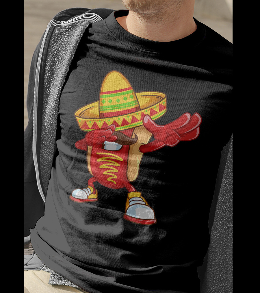Funny Dabbing Hotdog Sombrero Mexican Cinco De Mayo T-Shirt