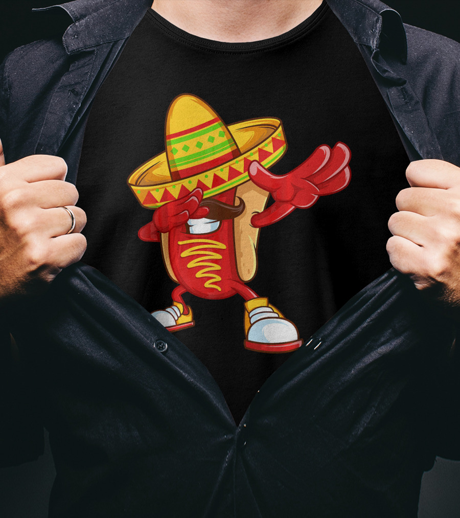 Funny Dabbing Hotdog Sombrero Mexican Cinco De Mayo T-Shirt