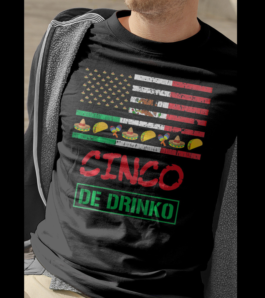 Cinco De Drinko Funny Mexico Flag Sombrero Taco Maracas Icons T-Shirt