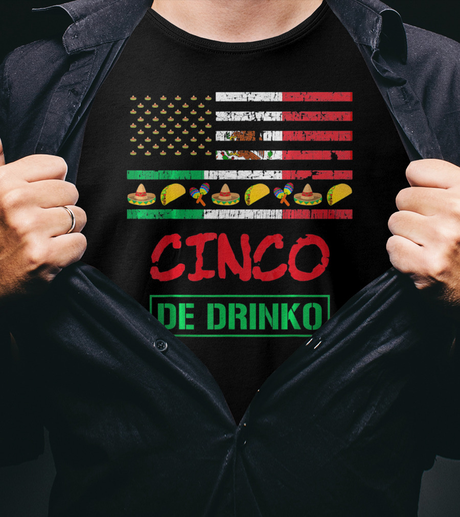 Cinco De Drinko Funny Mexico Flag Sombrero Taco Maracas Icons T-Shirt