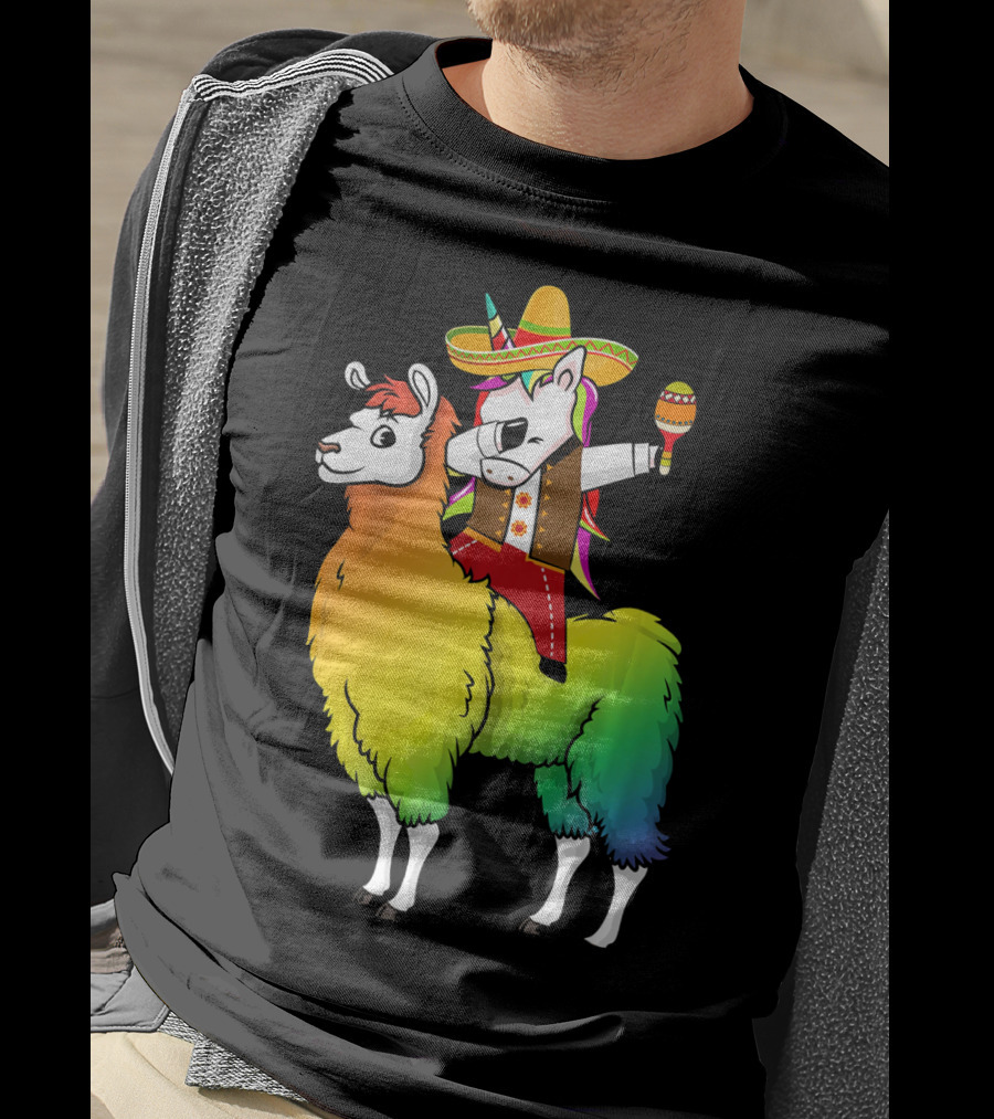 Unicorn Dabbing Riding Llama With Sombrero And Maracas Funny Cinco T-Shirt
