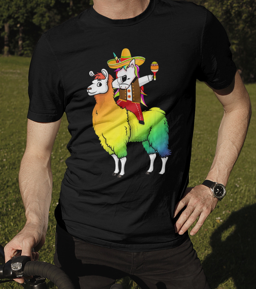 Unicorn Dabbing Riding Llama With Sombrero And Maracas Funny Cinco T-Shirt