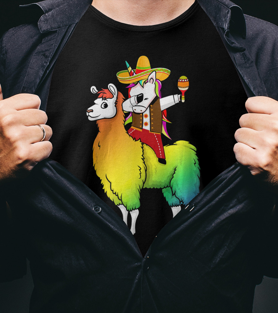 Unicorn Dabbing Riding Llama With Sombrero And Maracas Funny Cinco T-Shirt