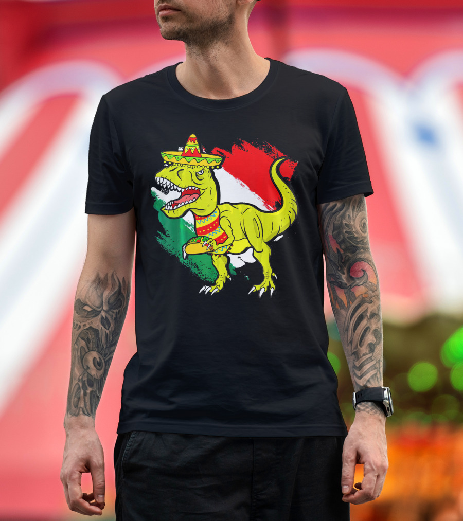 Tacosaurus Rex Sombrero Mexican Flag Cinco De Mayo Mexican Pride T-Shirt
