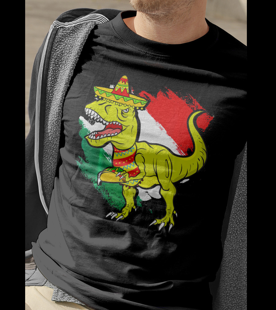 Tacosaurus Rex Sombrero Mexican Flag Cinco De Mayo Mexican Pride T-Shirt