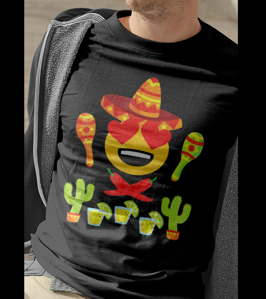 Fiesta Cinco De Mayo Emoji Heart Eyes Sombrero Maracas Cactus Peppers Margaritas T-Shirt