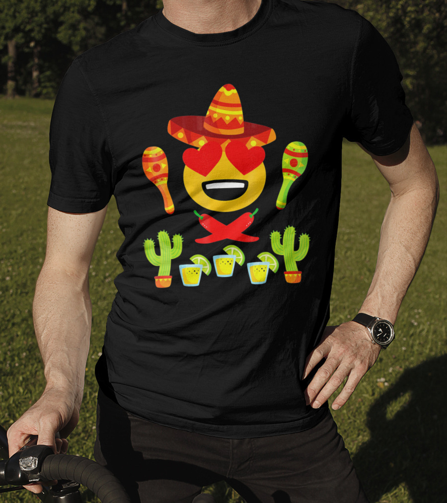 Fiesta Cinco De Mayo Emoji Heart Eyes Sombrero Maracas Cactus Peppers Margaritas T-Shirt