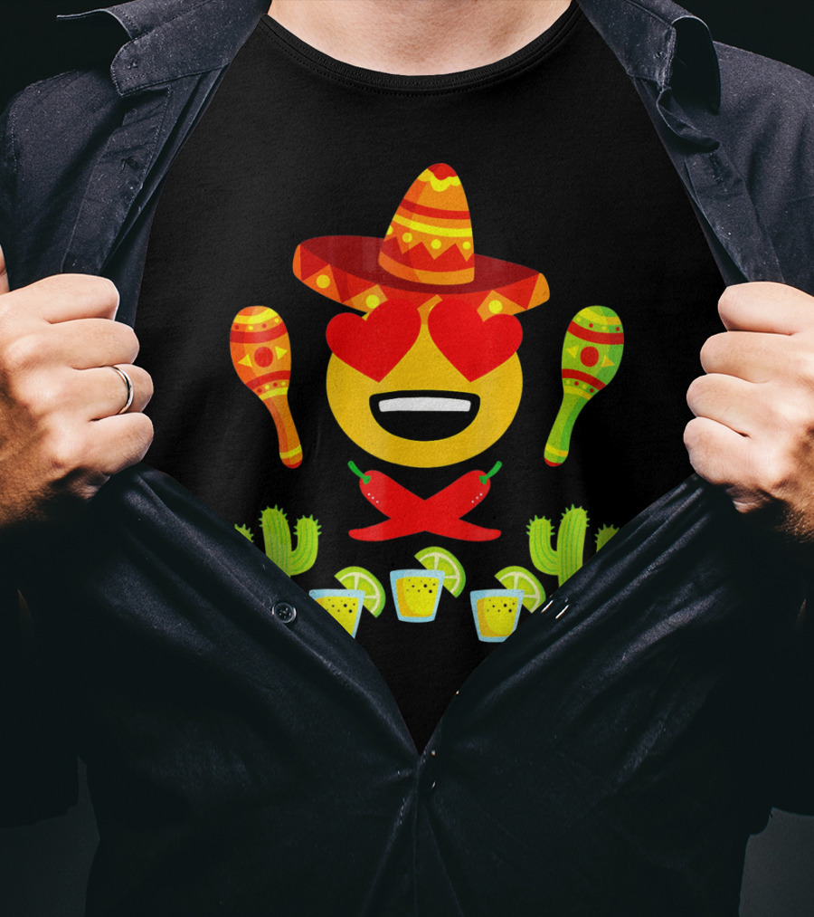 Fiesta Cinco De Mayo Emoji Heart Eyes Sombrero Maracas Cactus Peppers Margaritas T-Shirt