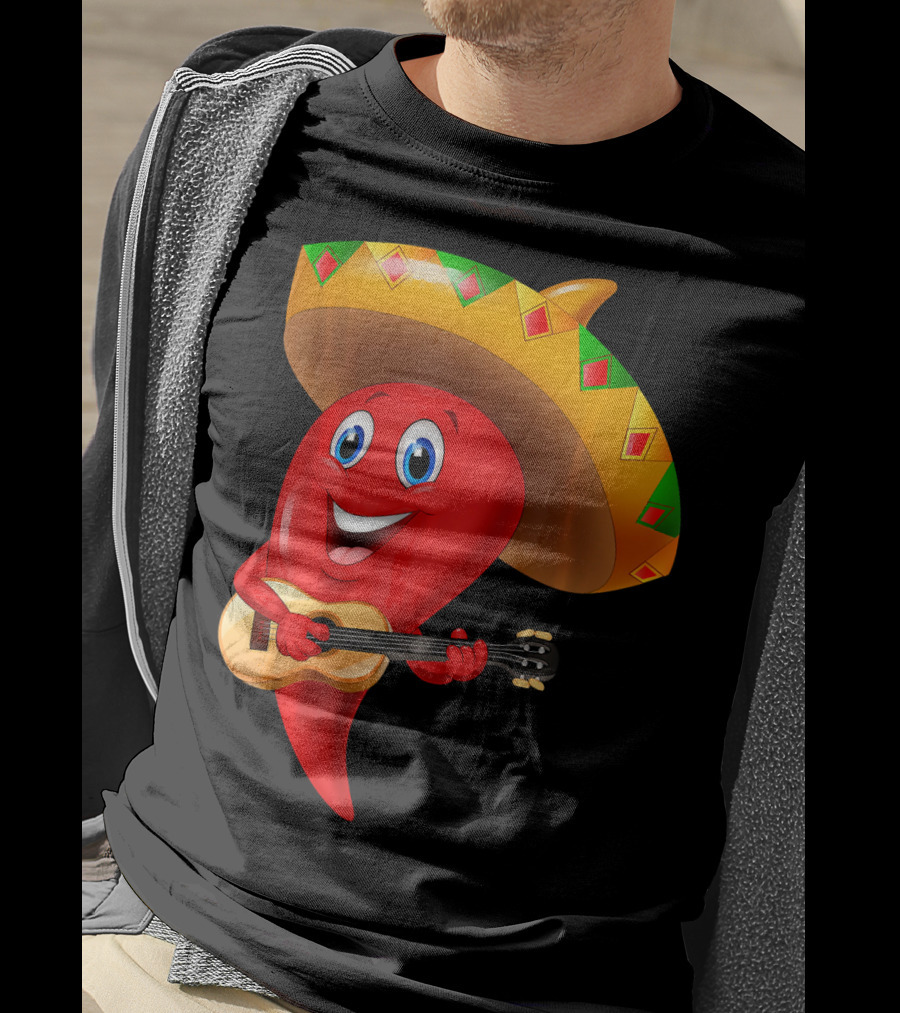 Cute Chili Pepper Wearing Sombrero Playing Guitar Mexico T-Shirt