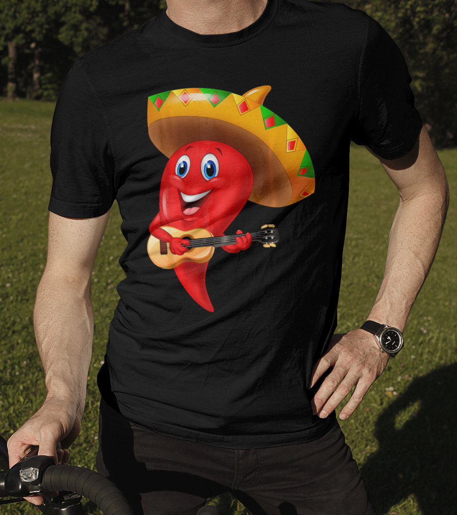 Cute Chili Pepper Wearing Sombrero Playing Guitar Mexico T-Shirt