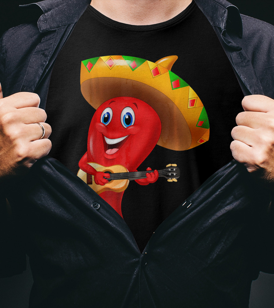 Cute Chili Pepper Wearing Sombrero Playing Guitar Mexico T-Shirt
