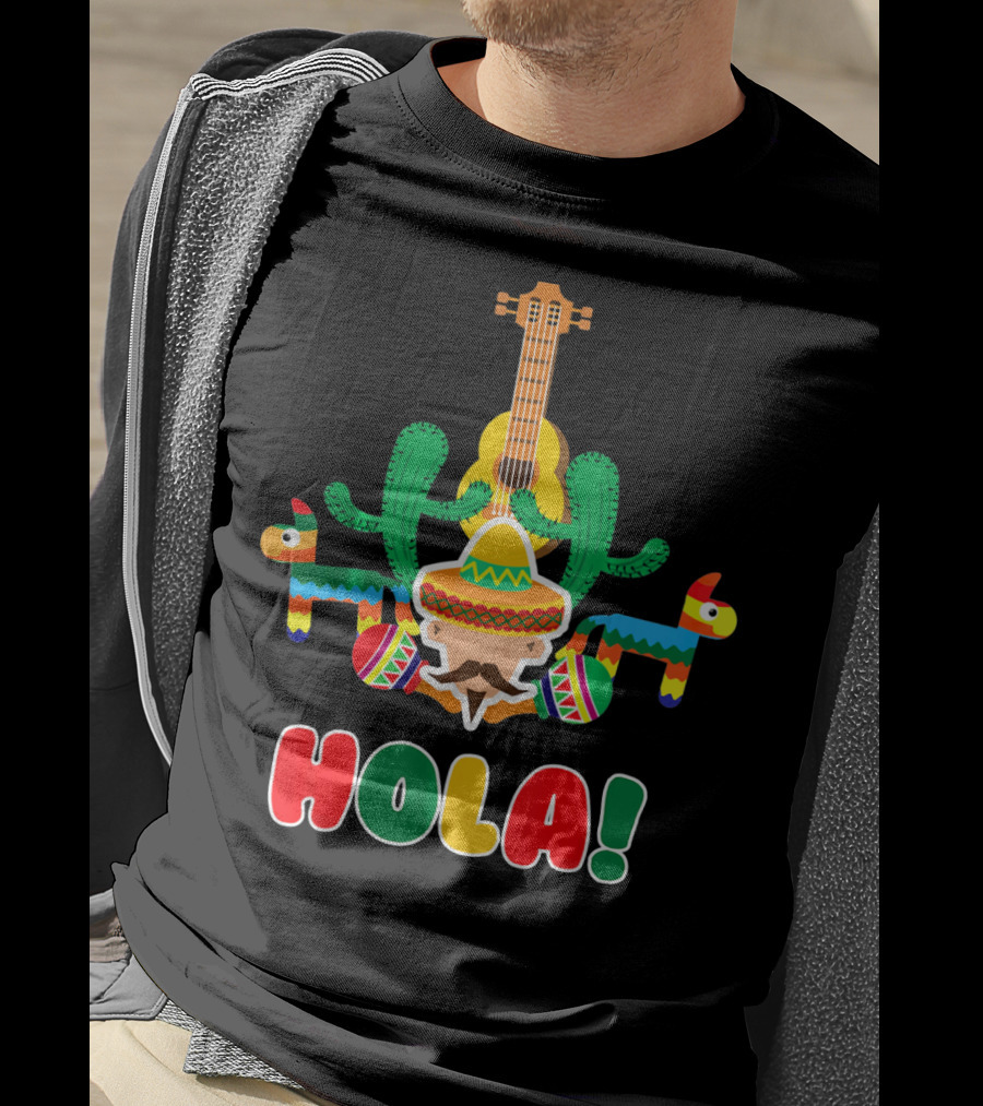 Hola Mexican Sombrero Guitar Cactus Piñata Fiesta T-Shirt