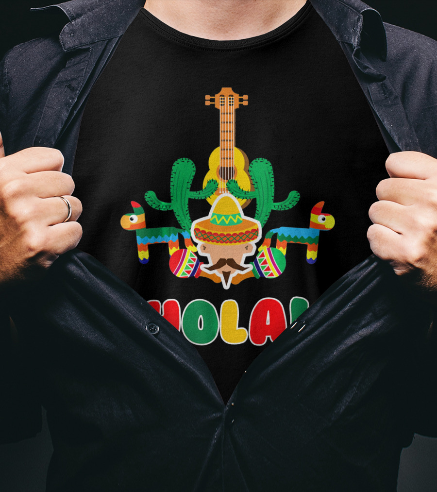 Hola Mexican Sombrero Guitar Cactus Piñata Fiesta T-Shirt