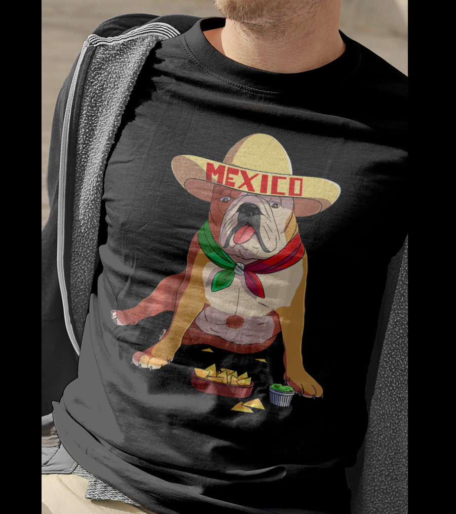Cinco De Mayo Mexican Bulldog Wearing Sombrero With Chips And Salsa T-Shirt