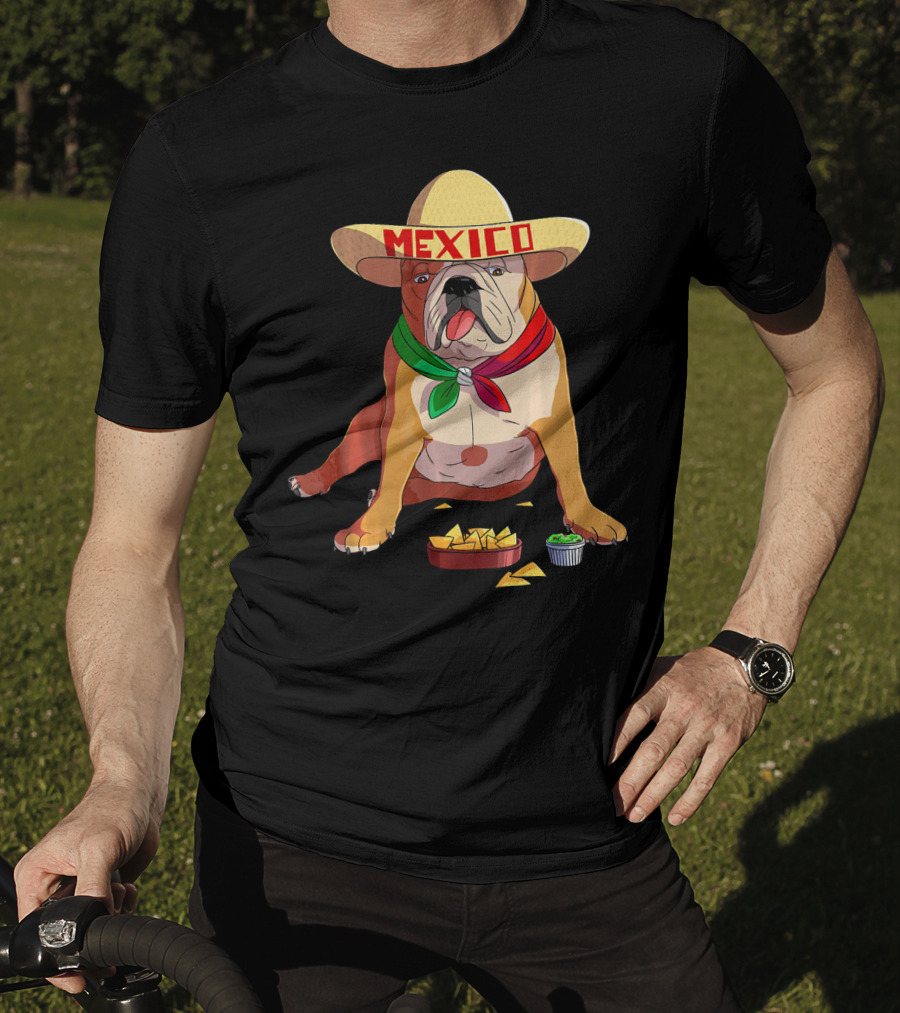 Cinco De Mayo Mexican Bulldog Wearing Sombrero With Chips And Salsa T-Shirt