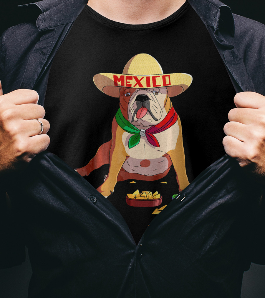 Cinco De Mayo Mexican Bulldog Wearing Sombrero With Chips And Salsa T-Shirt