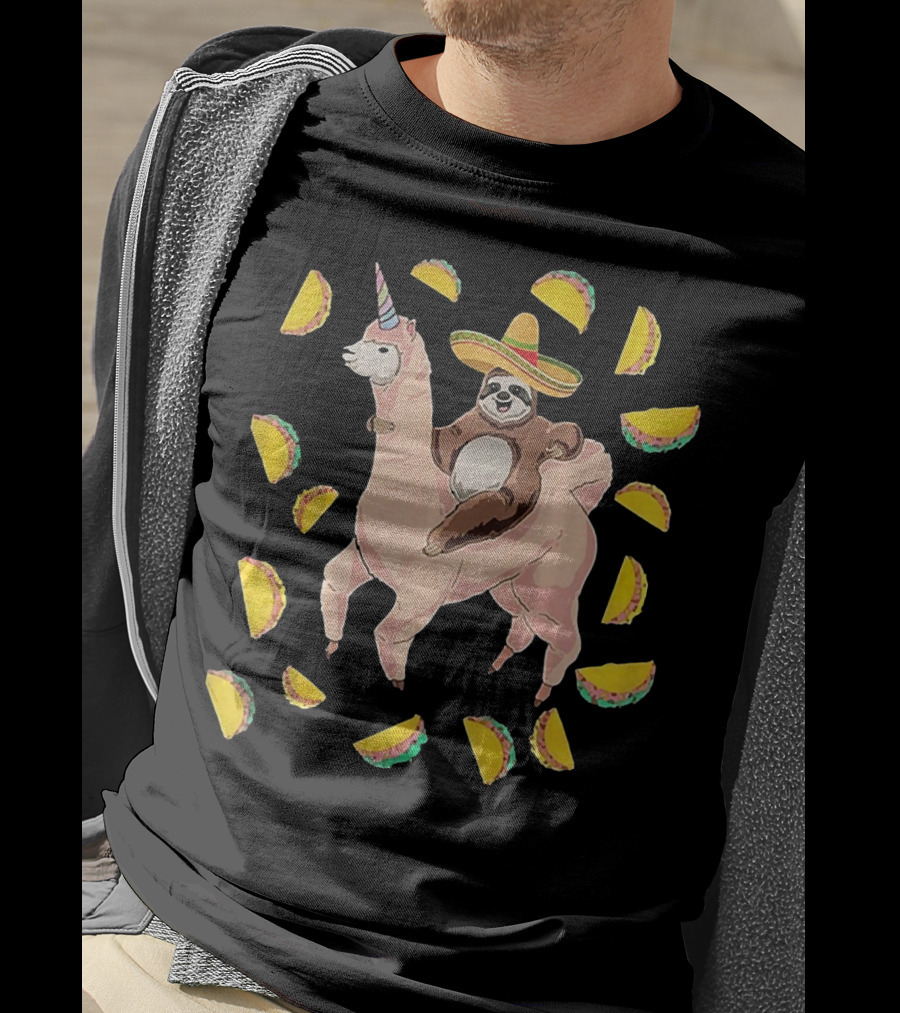 Cinco De Mayo Llamacorn With Sombrero-Wearing Sloth Surrounded By Tacos T-Shirt