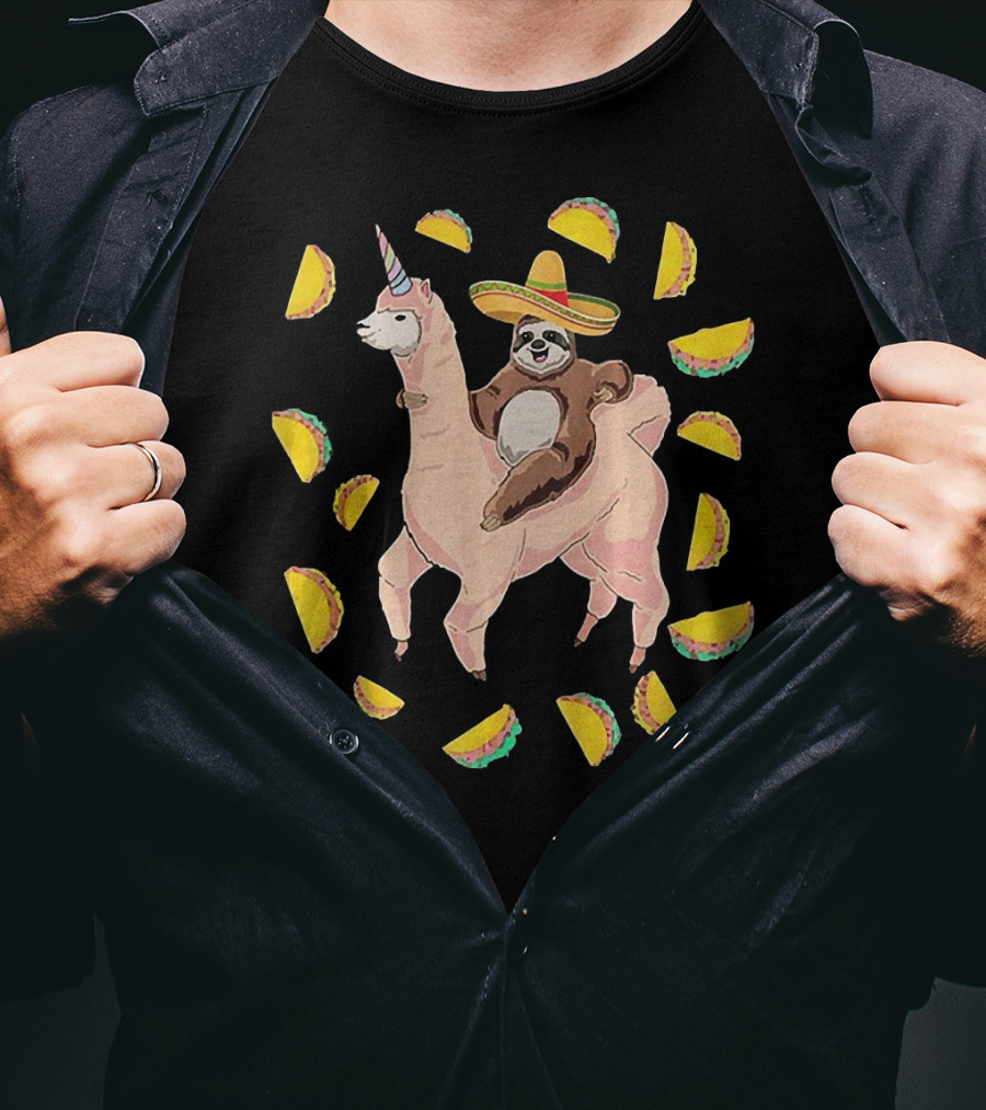 Cinco De Mayo Llamacorn With Sombrero-Wearing Sloth Surrounded By Tacos T-Shirt