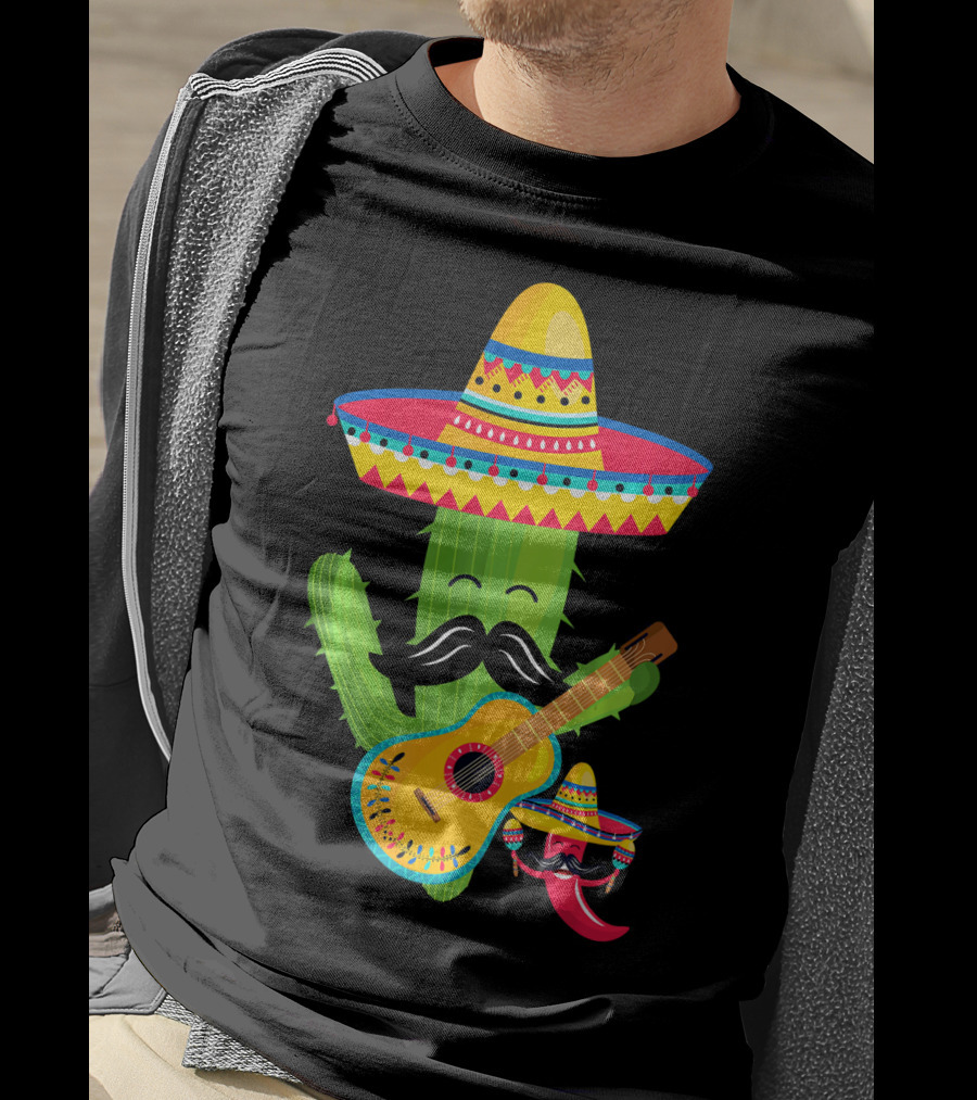 Cute Mustache Cactus With Sombrero Playing Guitar Mexican Fiesta Fun T-Shirt