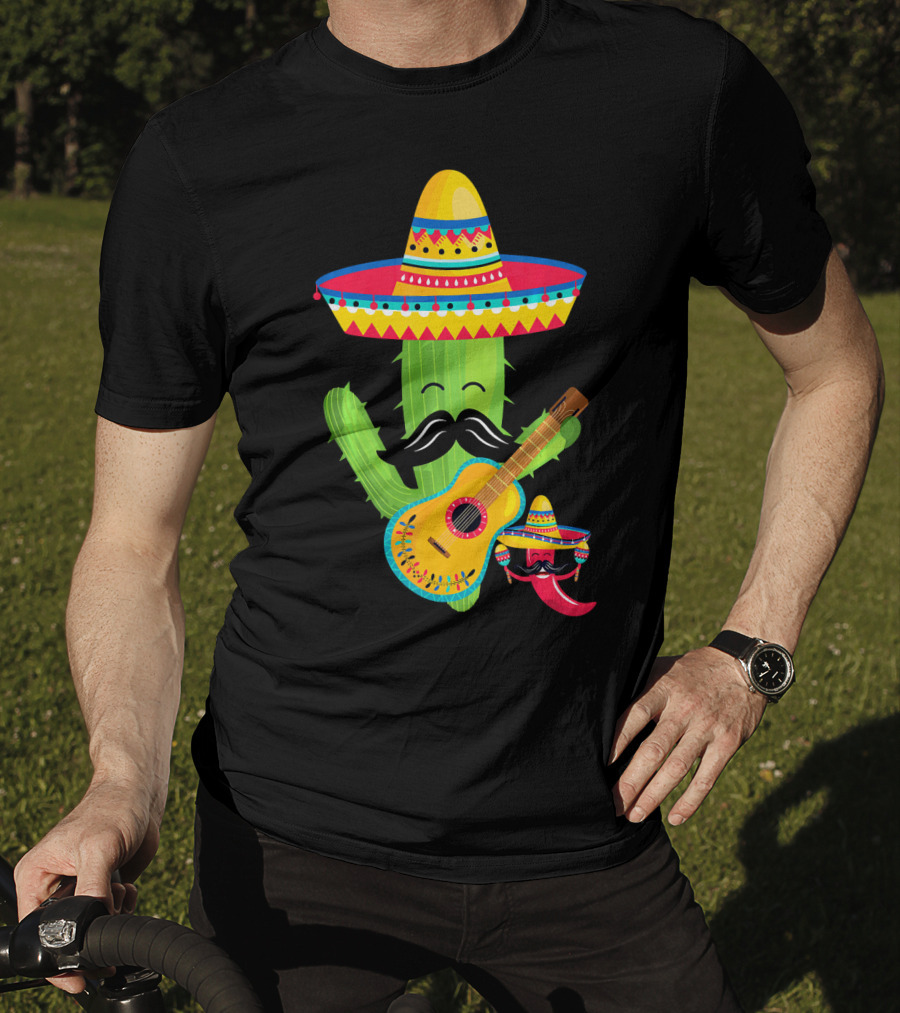 Cute Mustache Cactus With Sombrero Playing Guitar Mexican Fiesta Fun T-Shirt