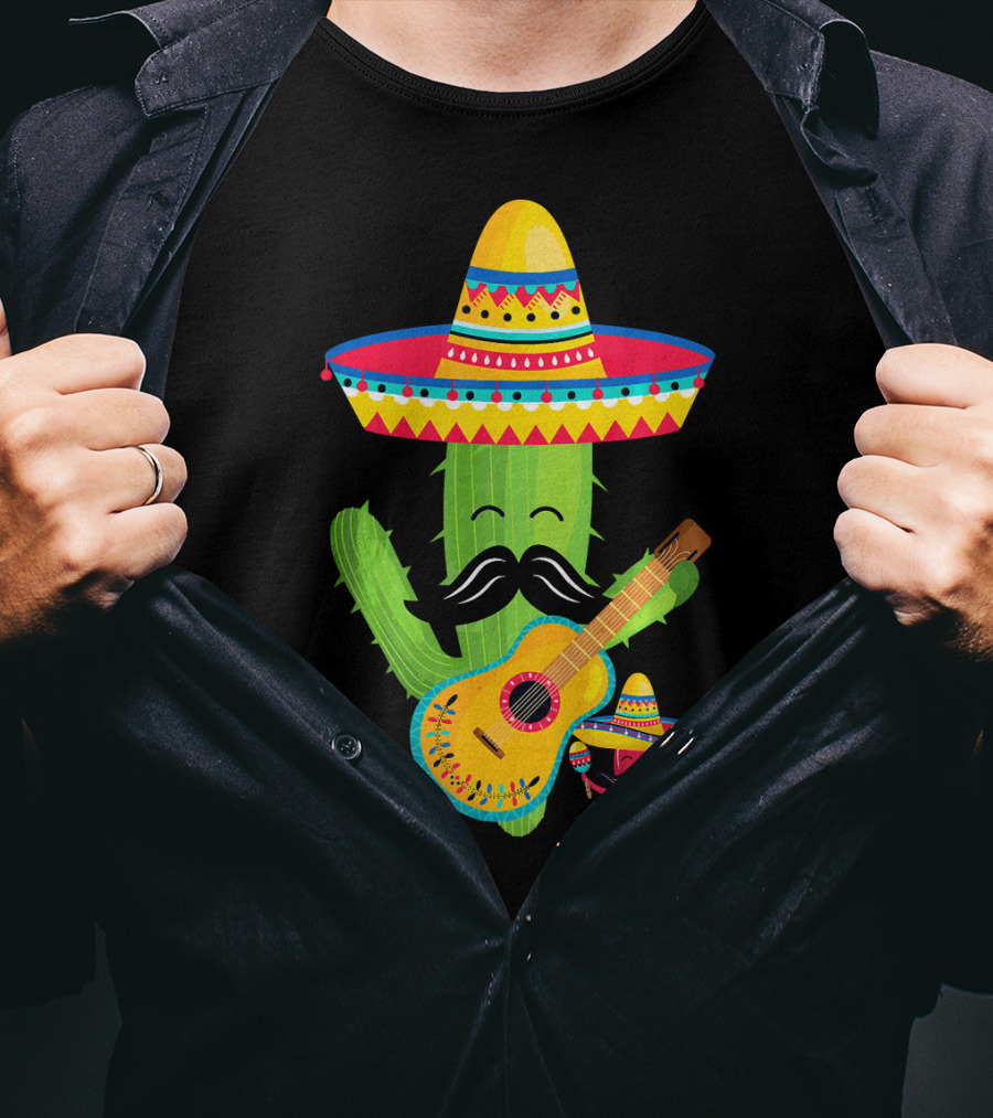 Cute Mustache Cactus With Sombrero Playing Guitar Mexican Fiesta Fun T-Shirt