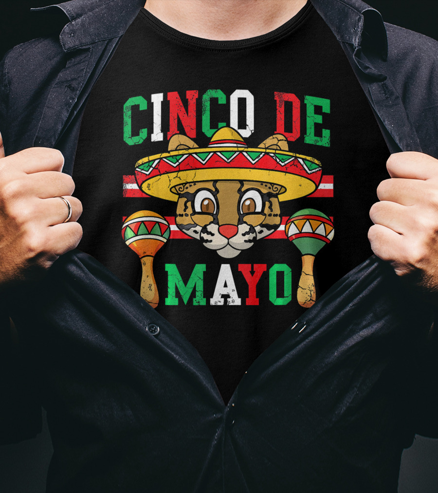 Cinco De Mayo Ocelot Cat Sombrero Maracas Festive T-Shirt