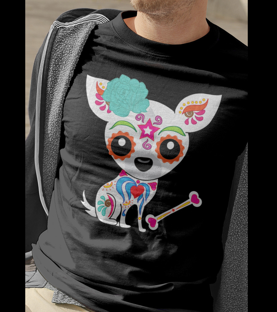 Cinco De Mayo Sugar Skull Chihuahua With Floral Bone And Colorful Flower T-Shirt