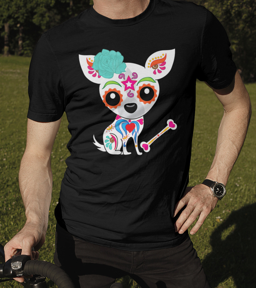 Cinco De Mayo Sugar Skull Chihuahua With Floral Bone And Colorful Flower T-Shirt