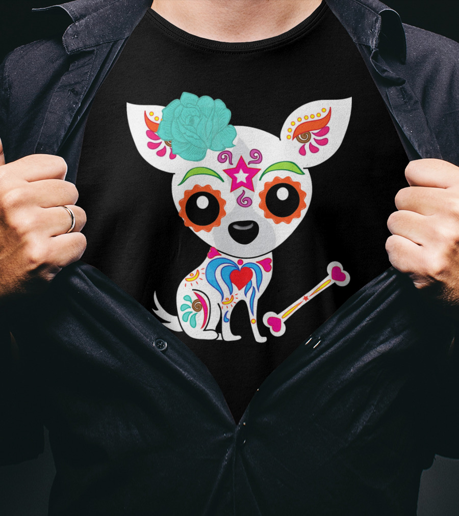 Cinco De Mayo Sugar Skull Chihuahua With Floral Bone And Colorful Flower T-Shirt