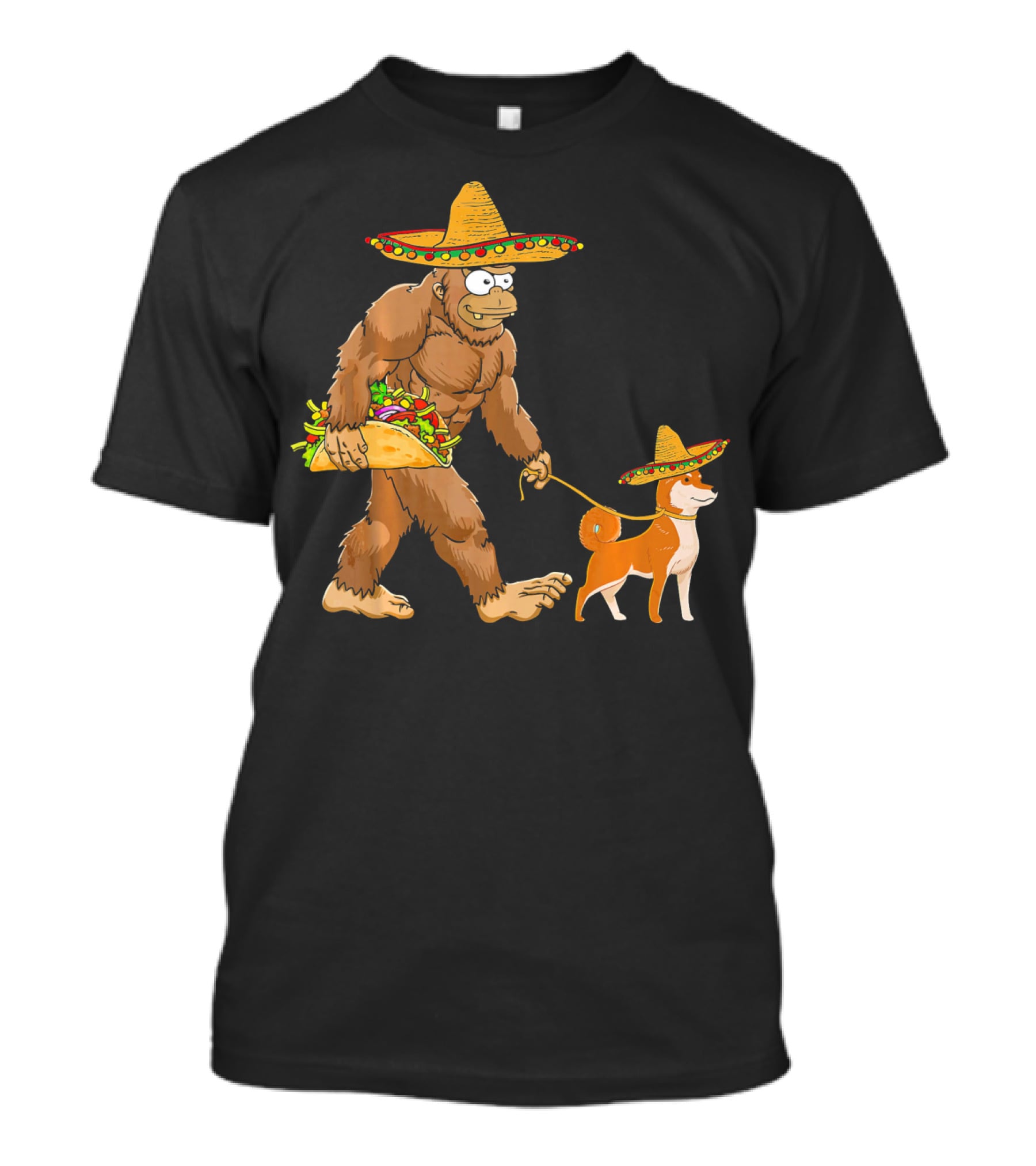 Bigfoot Taco Sombrero Shiba Inu Dog Cinc Walking Cartoon T-Shirt