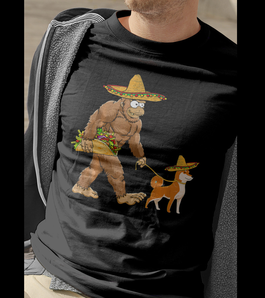 Bigfoot Taco Sombrero Shiba Inu Dog Cinc Walking Cartoon T-Shirt