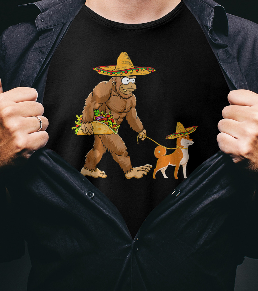Bigfoot Taco Sombrero Shiba Inu Dog Cinc Walking Cartoon T-Shirt