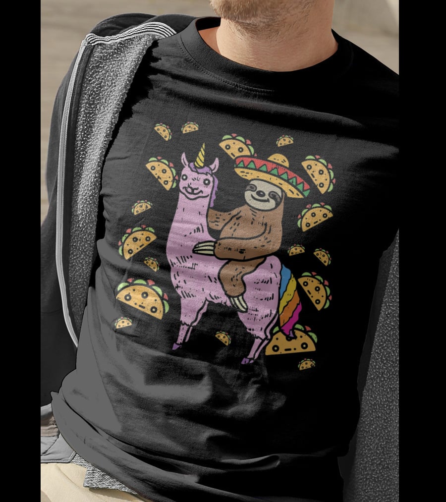 Cinco De Mayo Llamacorn With Sombrero Sloth Surrounded By Tacos T-Shirt