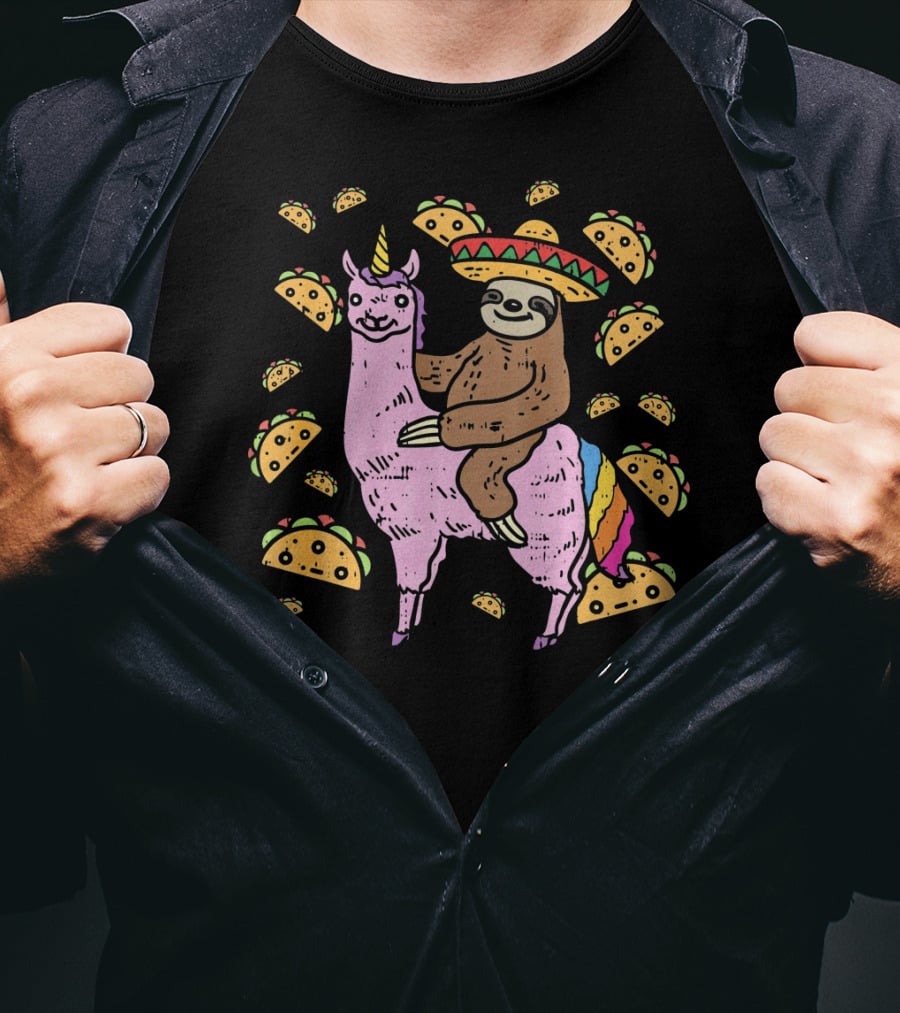 Cinco De Mayo Llamacorn With Sombrero Sloth Surrounded By Tacos T-Shirt
