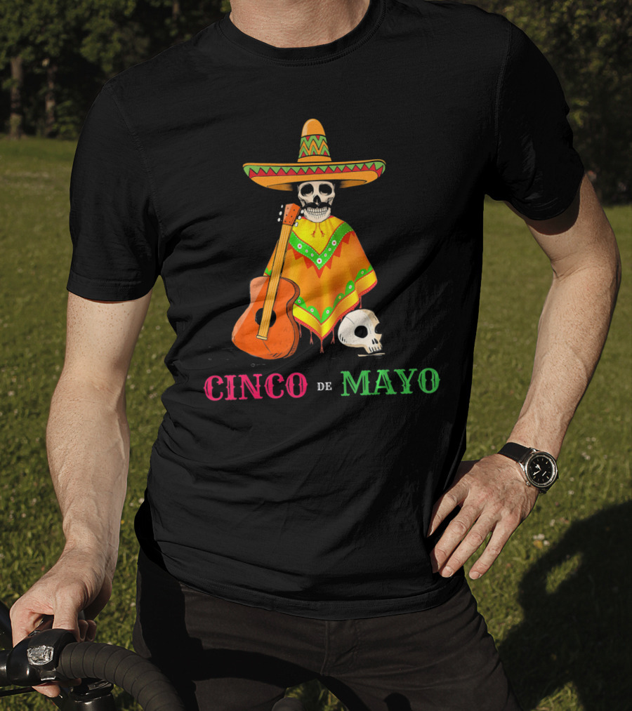 Cinco De Mayo Sombrero Skull Poncho Guitar T-Shirt