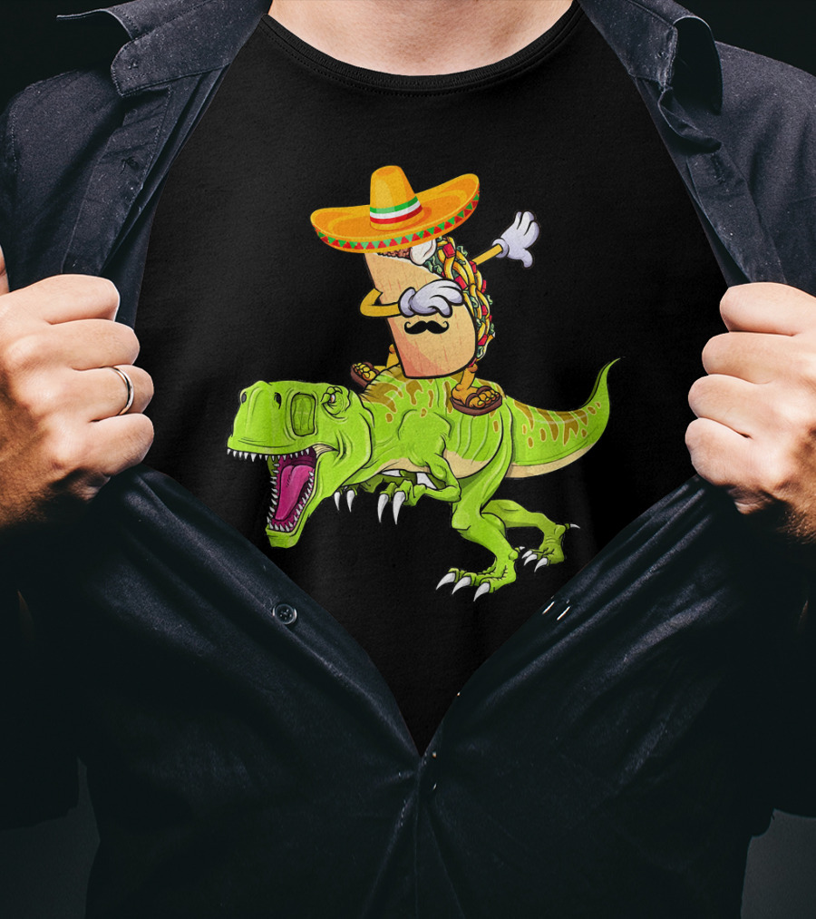 Dabbing Taco Sombrero On T-Rex Dinosaur T-Shirt