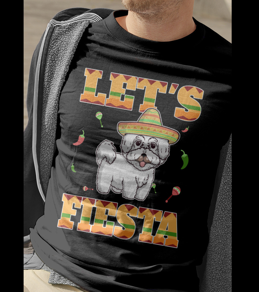 Let's Fiesta Bichon Frise Dog Cinco De Mayo Sombrero Peppers Maracas T-Shirt