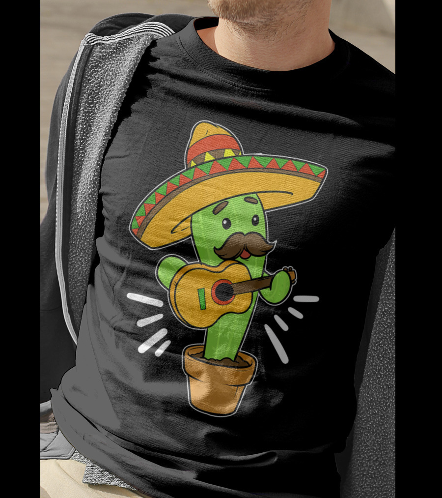 Cinco De Mayo Cactus Playing Guitar With Sombrero T-Shirt