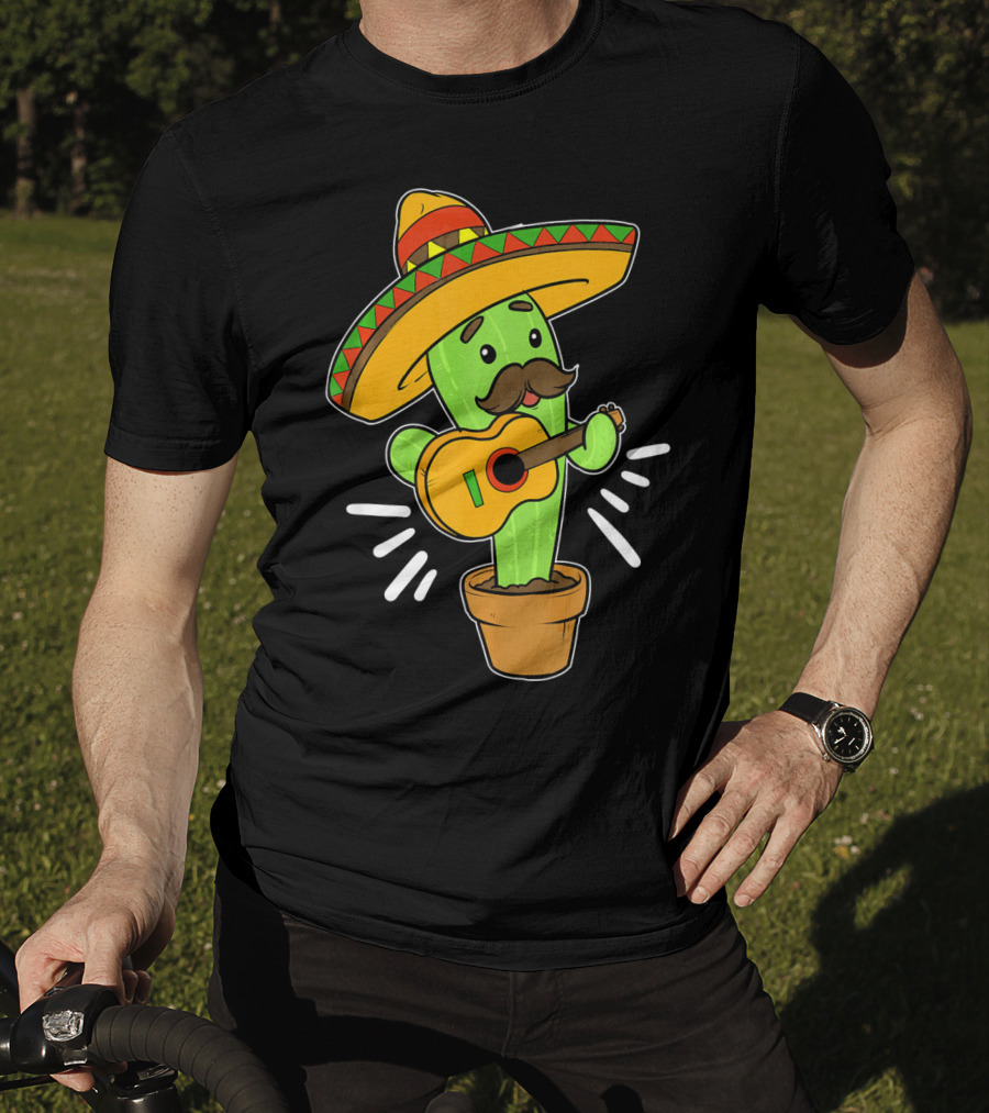 Cinco De Mayo Cactus Playing Guitar With Sombrero T-Shirt