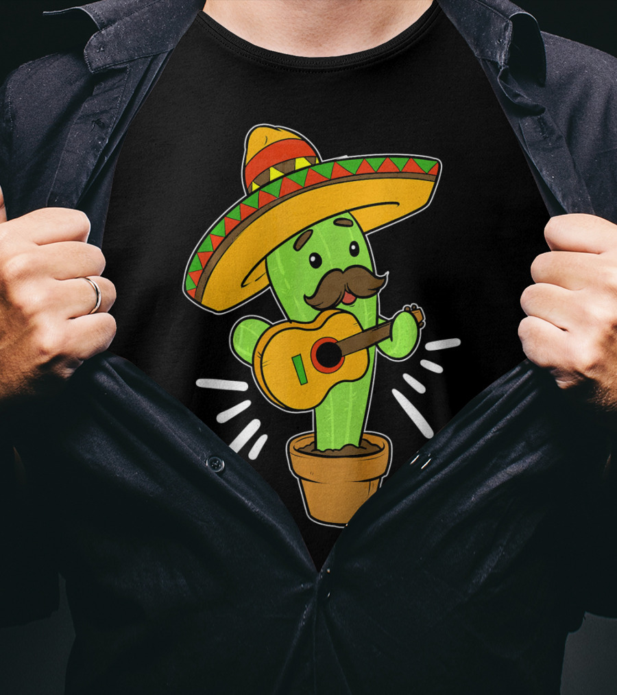 Cinco De Mayo Cactus Playing Guitar With Sombrero T-Shirt