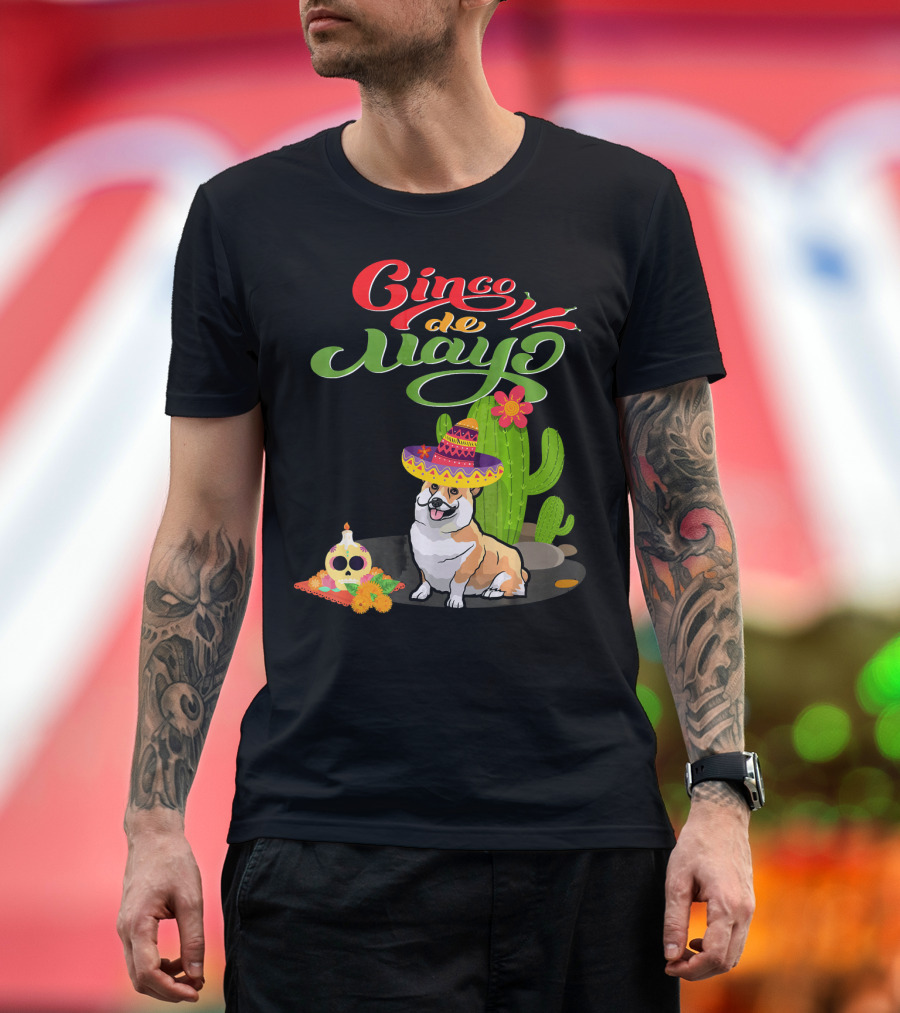 Cinco De Mayo Corgi Dog Fiesta With Sombrero And Cactus T-Shirt