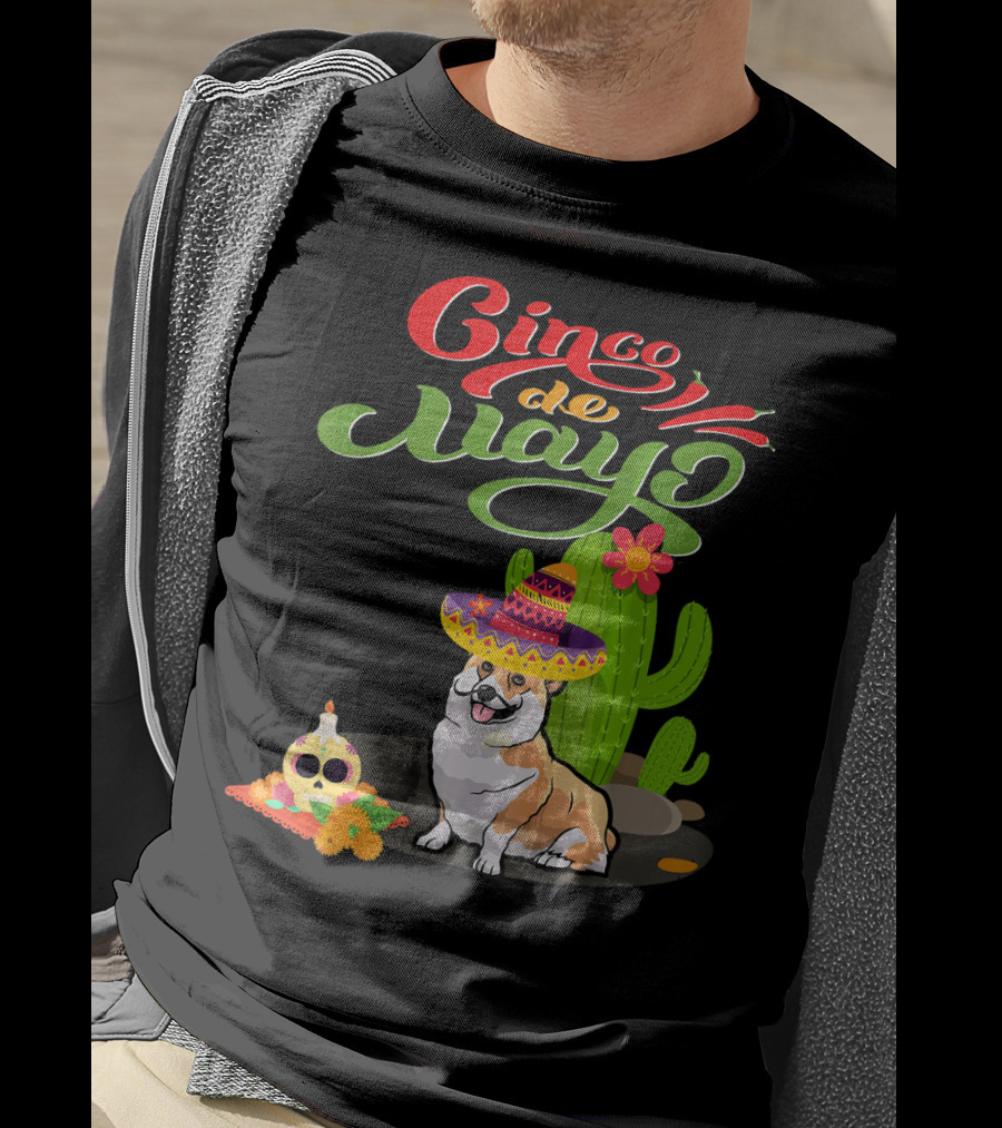 Cinco De Mayo Corgi Dog Fiesta With Sombrero And Cactus T-Shirt