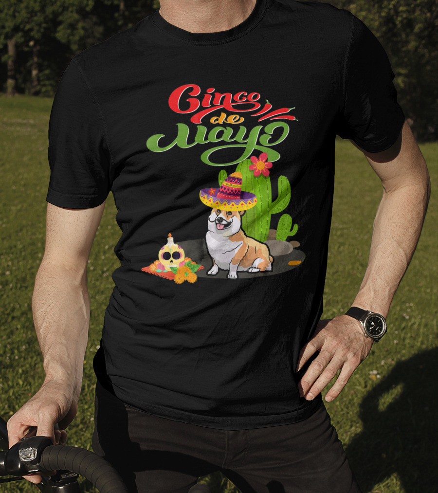 Cinco De Mayo Corgi Dog Fiesta With Sombrero And Cactus T-Shirt