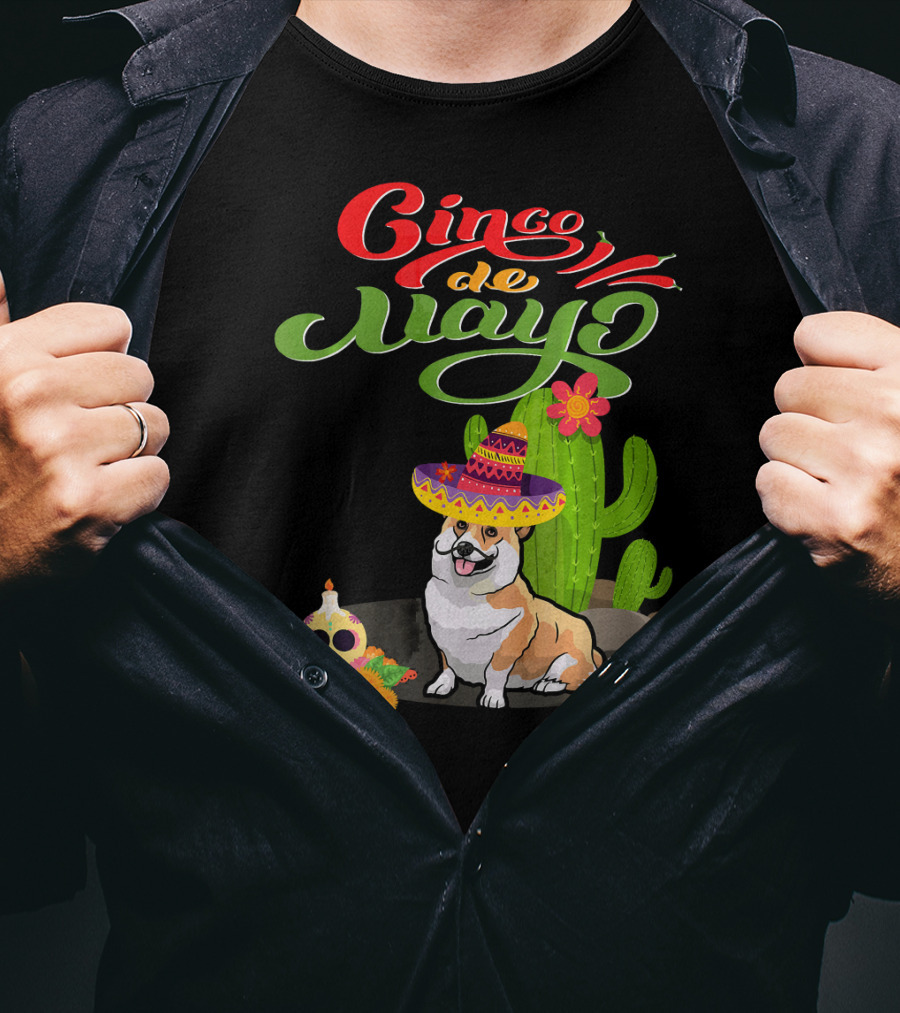 Cinco De Mayo Corgi Dog Fiesta With Sombrero And Cactus T-Shirt