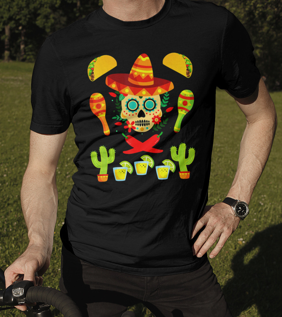 Fiesta Cinco De Mayo Sombrero Cactus Maracas Tacos Skull Peppers Shots Lime T-Shirt