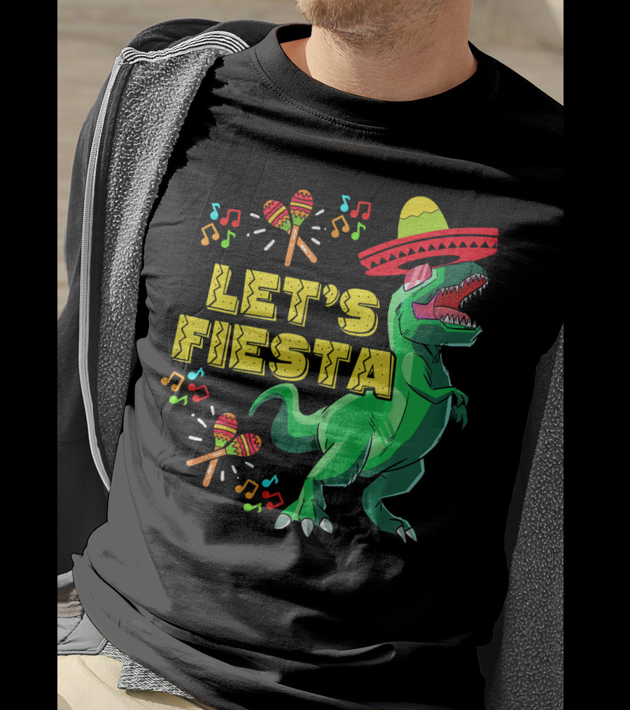 Let's Fiesta Cinco De Mayo Dino Sombrero Maracas Music Notes T-Shirt