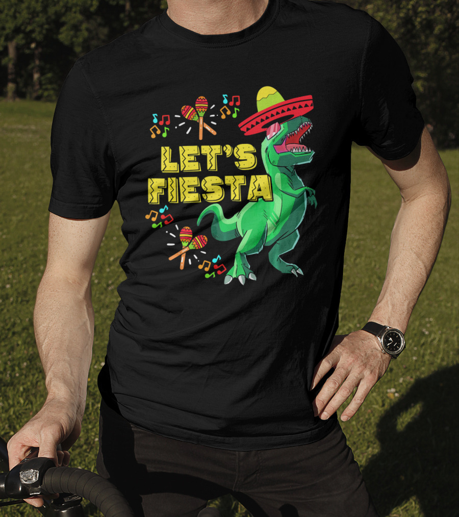 Let's Fiesta Cinco De Mayo Dino Sombrero Maracas Music Notes T-Shirt