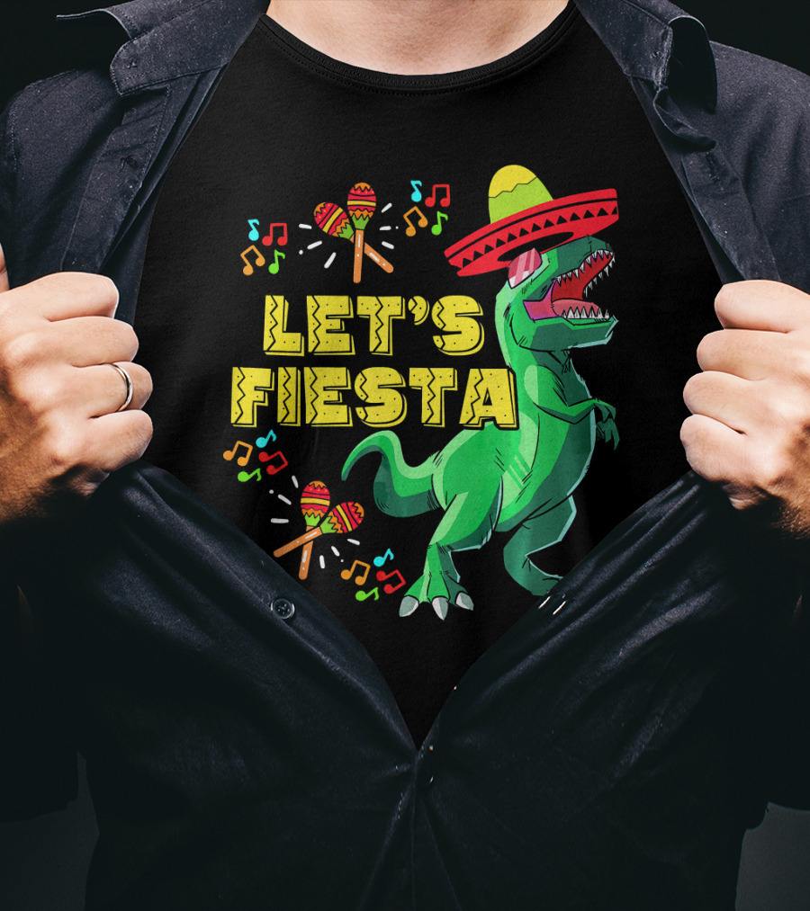 Let's Fiesta Cinco De Mayo Dino Sombrero Maracas Music Notes T-Shirt