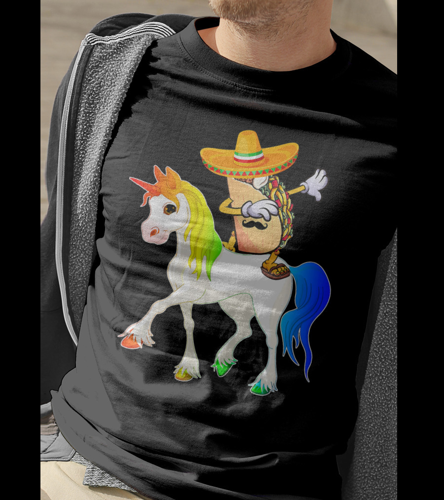 Dabbing Taco Sombrero With Mustache Riding Colorful Unicorn Fun T-Shirt