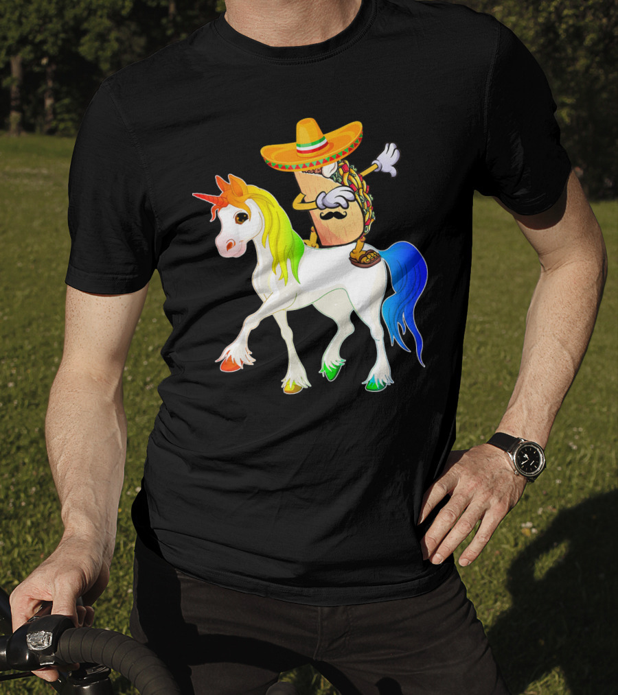 Dabbing Taco Sombrero With Mustache Riding Colorful Unicorn Fun T-Shirt